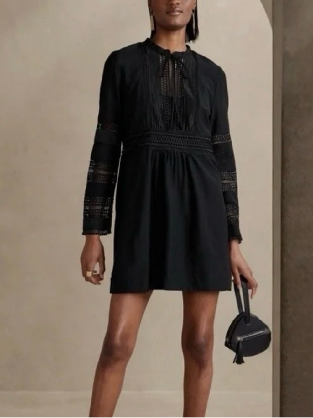 Banana Republic Black Whimsigoth Victorian Lace-Trim Longsleeve Diora Mini Dress